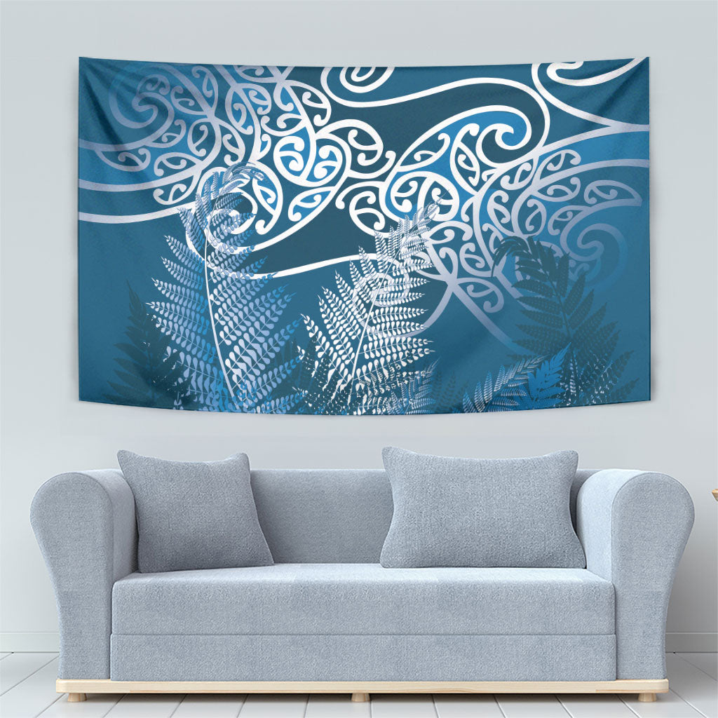 Aotearoa Maori Koru Curves Tapestry Silver Ferns - Navy Blue