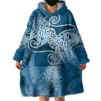 Aotearoa Maori Koru Curves Wearable Blanket Hoodie Silver Ferns - Navy Blue