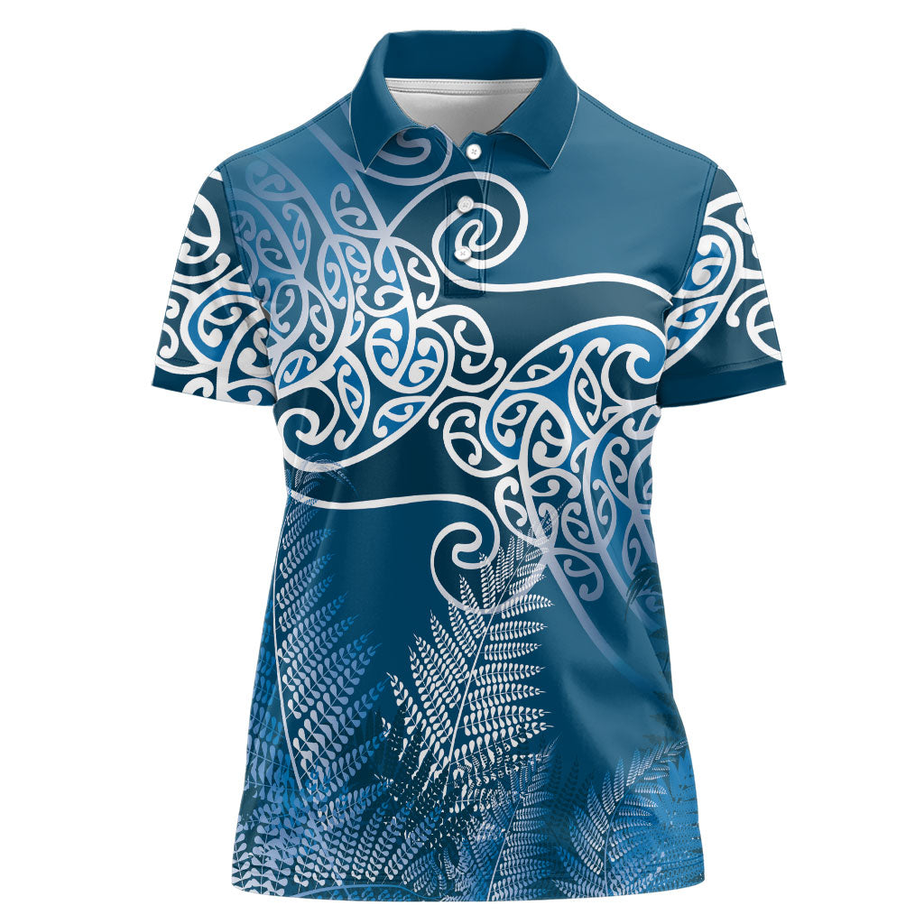 Aotearoa Maori Koru Curves Women Polo Shirt Silver Ferns - Navy Blue