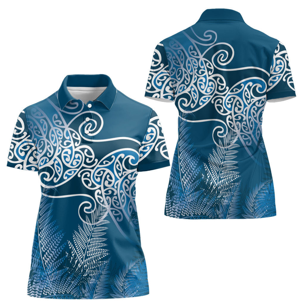 Aotearoa Maori Koru Curves Women Polo Shirt Silver Ferns - Navy Blue