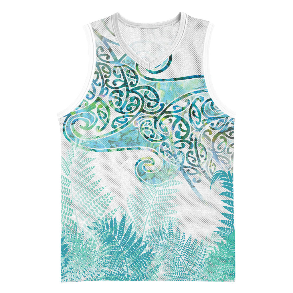 Aotearoa Maori Koru Curves Basketball Jersey Mossy Paua Shell