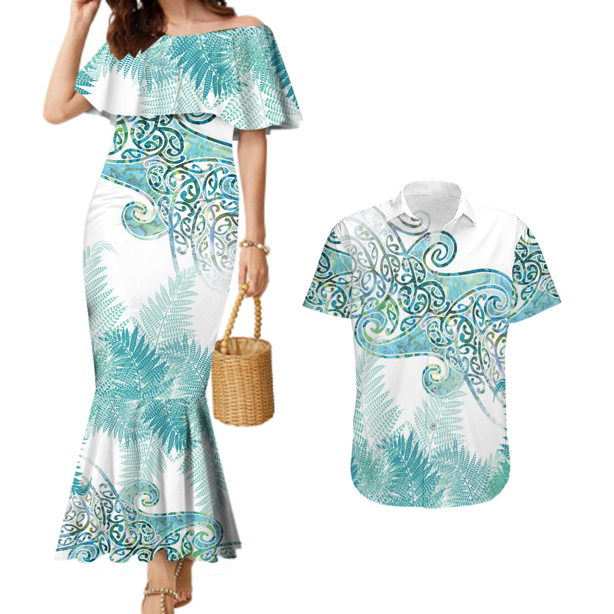Aotearoa Maori Koru Curves Couples Matching Mermaid Dress and Hawaiian Shirt Mossy Paua Shell
