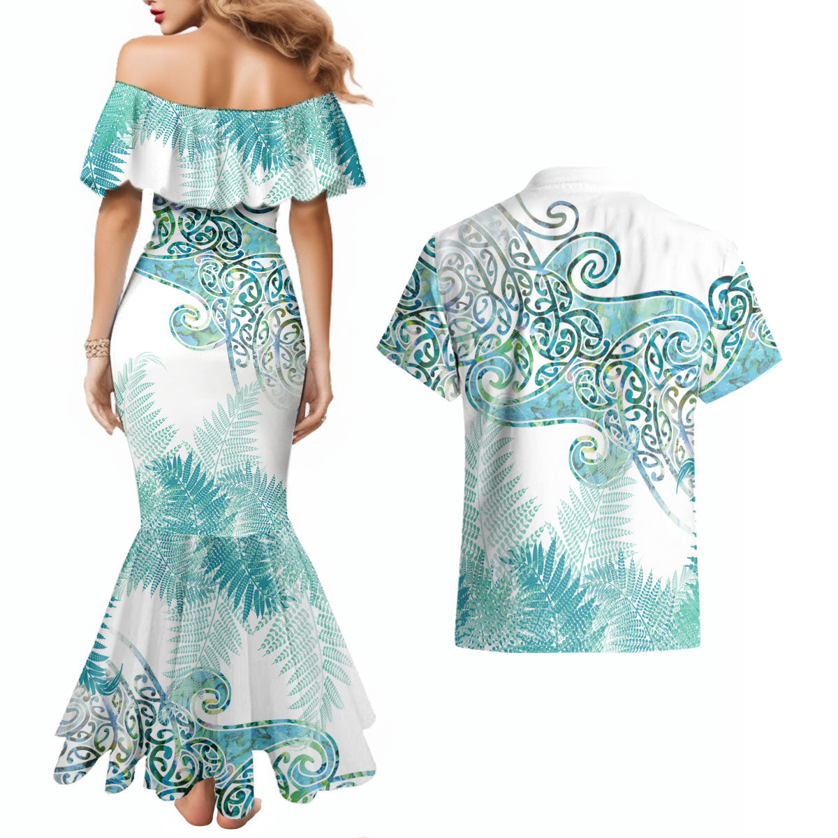 Aotearoa Maori Koru Curves Couples Matching Mermaid Dress and Hawaiian Shirt Mossy Paua Shell