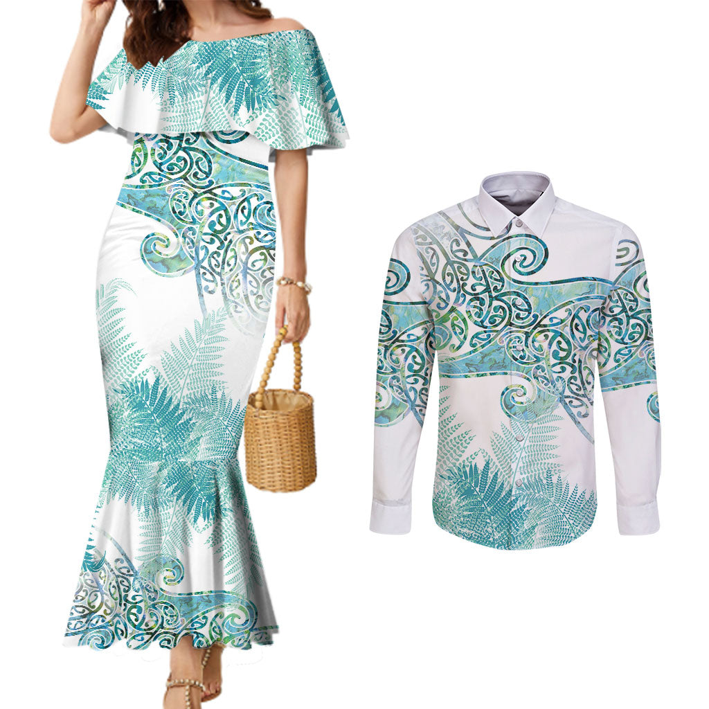 Aotearoa Maori Koru Curves Couples Matching Mermaid Dress and Long Sleeve Button Shirt Mossy Paua Shell