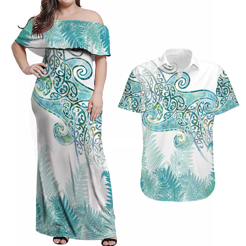 Aotearoa Maori Koru Curves Couples Matching Off Shoulder Maxi Dress and Hawaiian Shirt Mossy Paua Shell