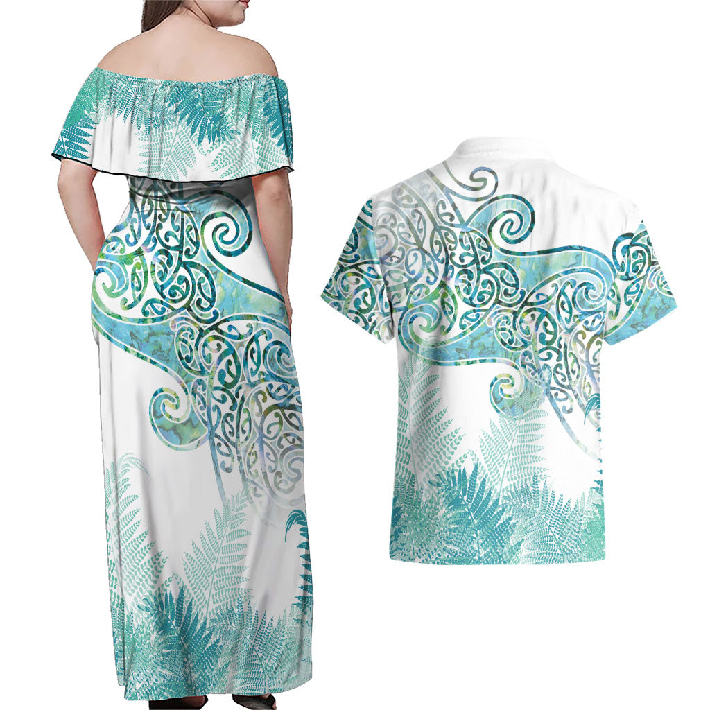 Aotearoa Maori Koru Curves Couples Matching Off Shoulder Maxi Dress and Hawaiian Shirt Mossy Paua Shell