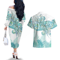 Aotearoa Maori Koru Curves Couples Matching Off The Shoulder Long Sleeve Dress and Hawaiian Shirt Mossy Paua Shell