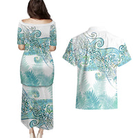 Aotearoa Maori Koru Curves Couples Matching Puletasi and Hawaiian Shirt Mossy Paua Shell