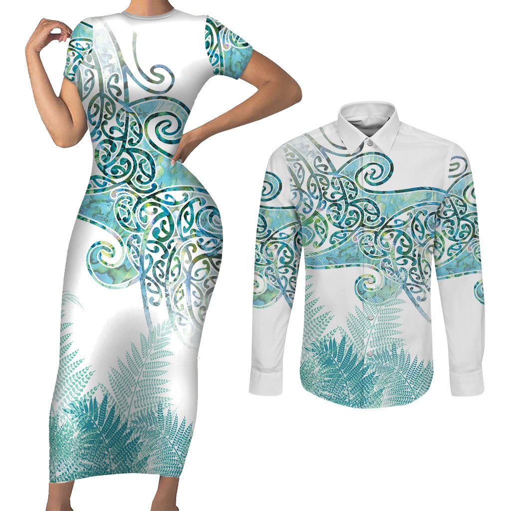 Aotearoa Maori Koru Curves Couples Matching Short Sleeve Bodycon Dress and Long Sleeve Button Shirt Mossy Paua Shell