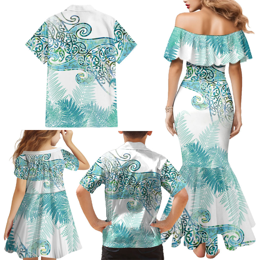 Aotearoa Maori Koru Curves Family Matching Mermaid Dress and Hawaiian Shirt Mossy Paua Shell