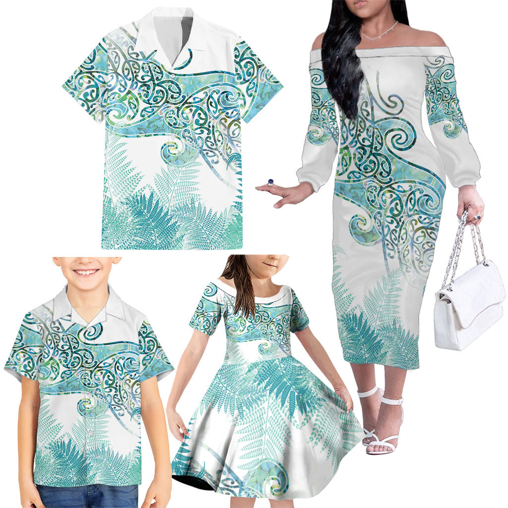 Aotearoa Maori Koru Curves Family Matching Off The Shoulder Long Sleeve Dress and Hawaiian Shirt Mossy Paua Shell LT7 - Polynesian Pride