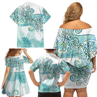Aotearoa Maori Koru Curves Family Matching Off Shoulder Short Dress and Hawaiian Shirt Mossy Paua Shell