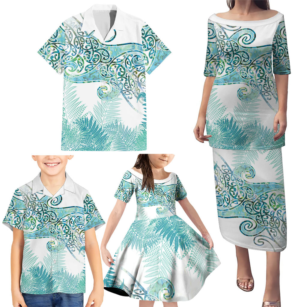 Aotearoa Maori Koru Curves Family Matching Puletasi and Hawaiian Shirt Mossy Paua Shell