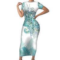 Aotearoa Maori Koru Curves Family Matching Short Sleeve Bodycon Dress and Hawaiian Shirt Mossy Paua Shell LT7 Mom's Dress Green - Polynesian Pride