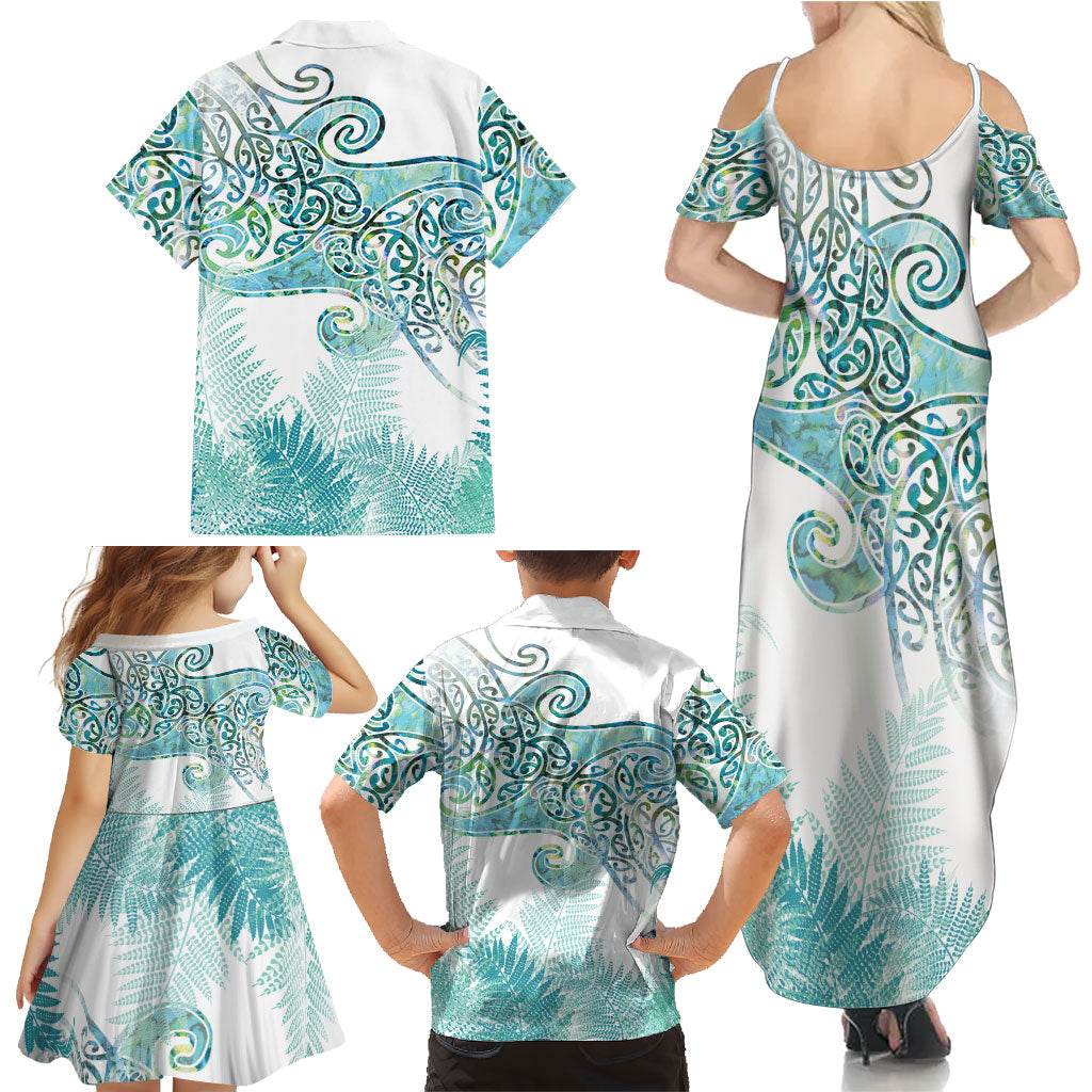 Aotearoa Maori Koru Curves Family Matching Summer Maxi Dress and Hawaiian Shirt Mossy Paua Shell
