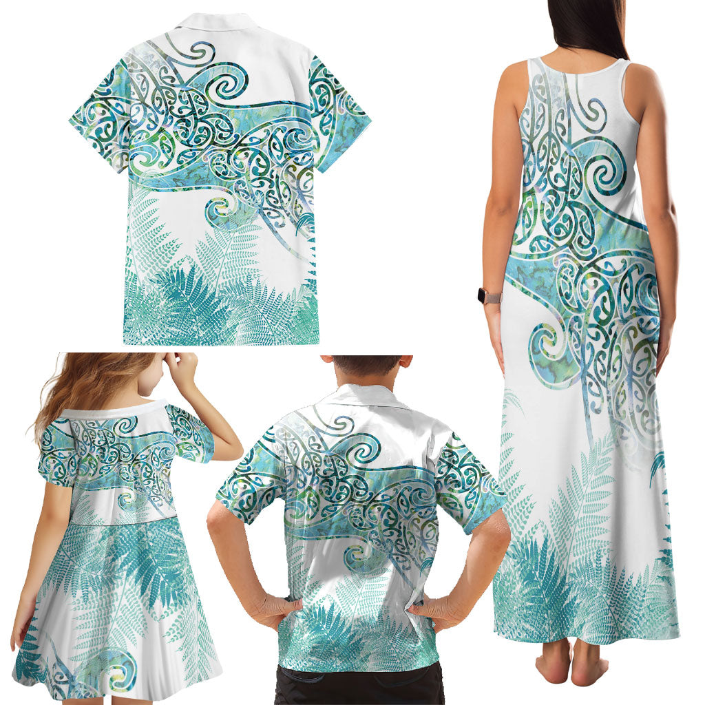 Aotearoa Maori Koru Curves Family Matching Tank Maxi Dress and Hawaiian Shirt Mossy Paua Shell
