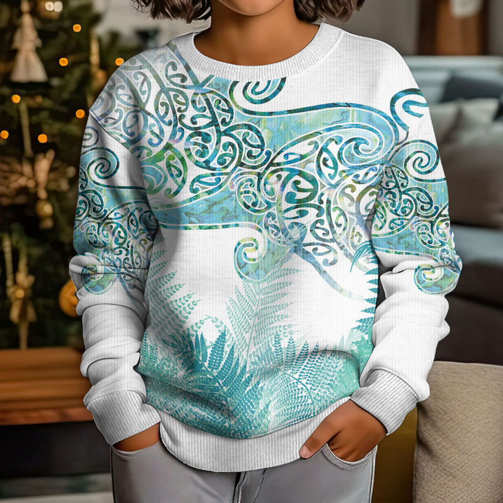 Aotearoa Maori Koru Curves Kid Ugly Christmas Sweater Mossy Paua Shell