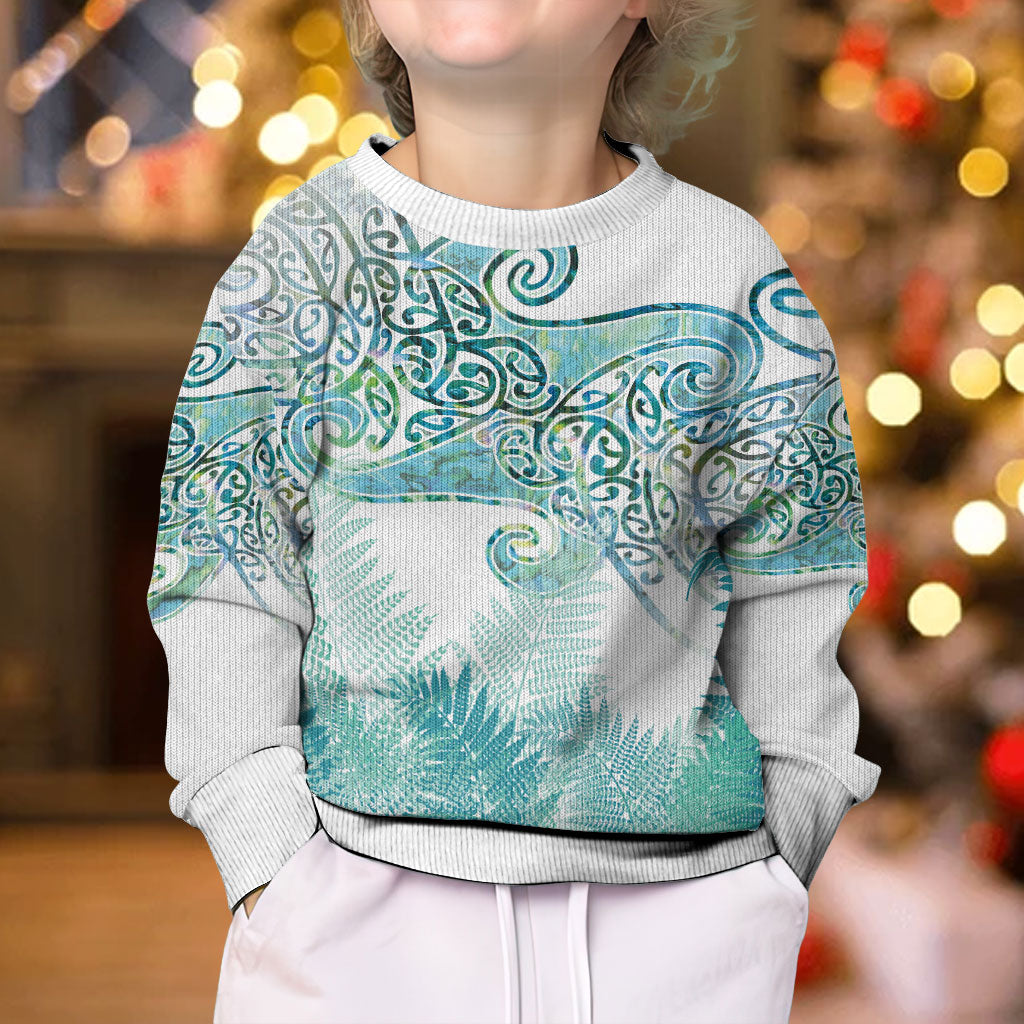 Aotearoa Maori Koru Curves Kid Ugly Christmas Sweater Mossy Paua Shell