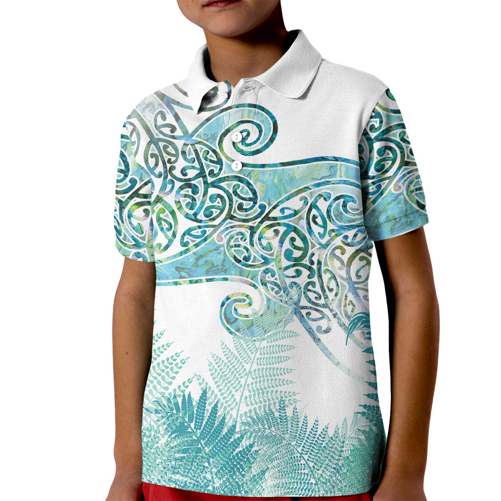 Aotearoa Maori Koru Curves Kid Polo Shirt Mossy Paua Shell