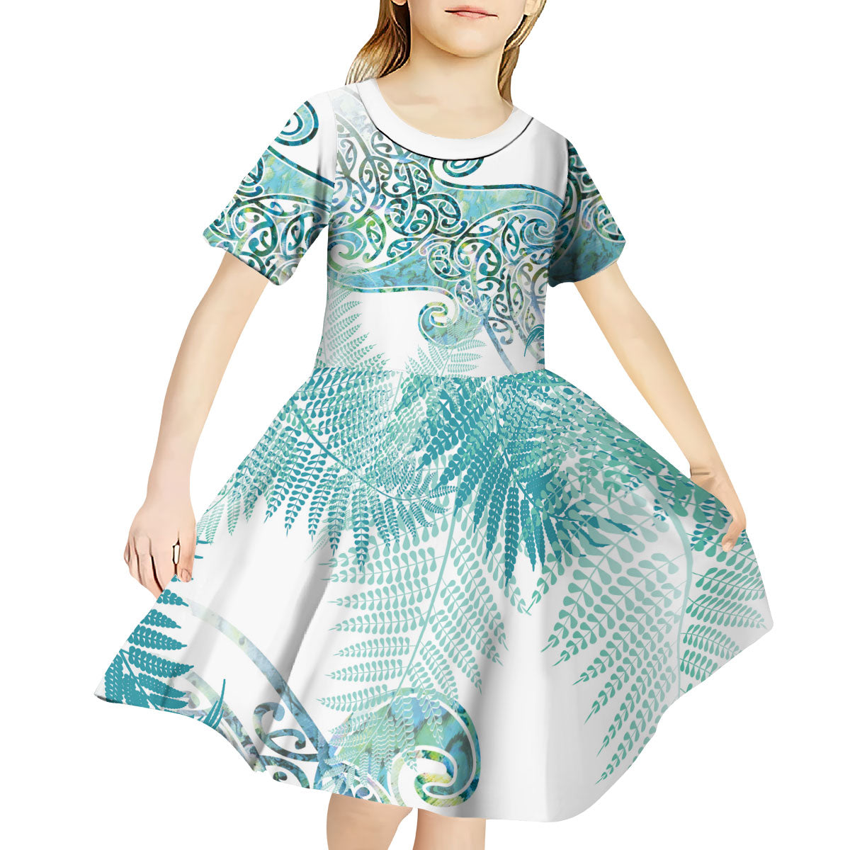 Aotearoa Maori Koru Curves Kid Short Sleeve Dress Mossy Paua Shell