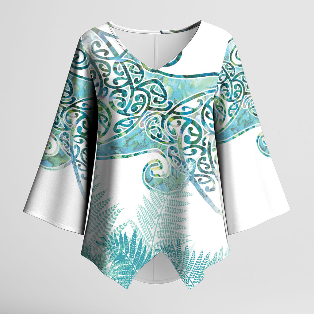 Aotearoa Maori Koru Curves Kimono Sleeve Blouse Mossy Paua Shell