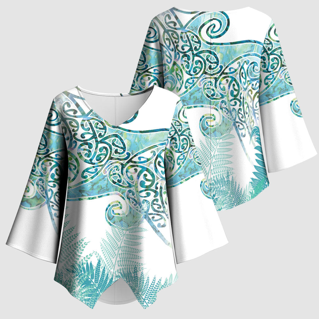 Aotearoa Maori Koru Curves Kimono Sleeve Blouse Mossy Paua Shell