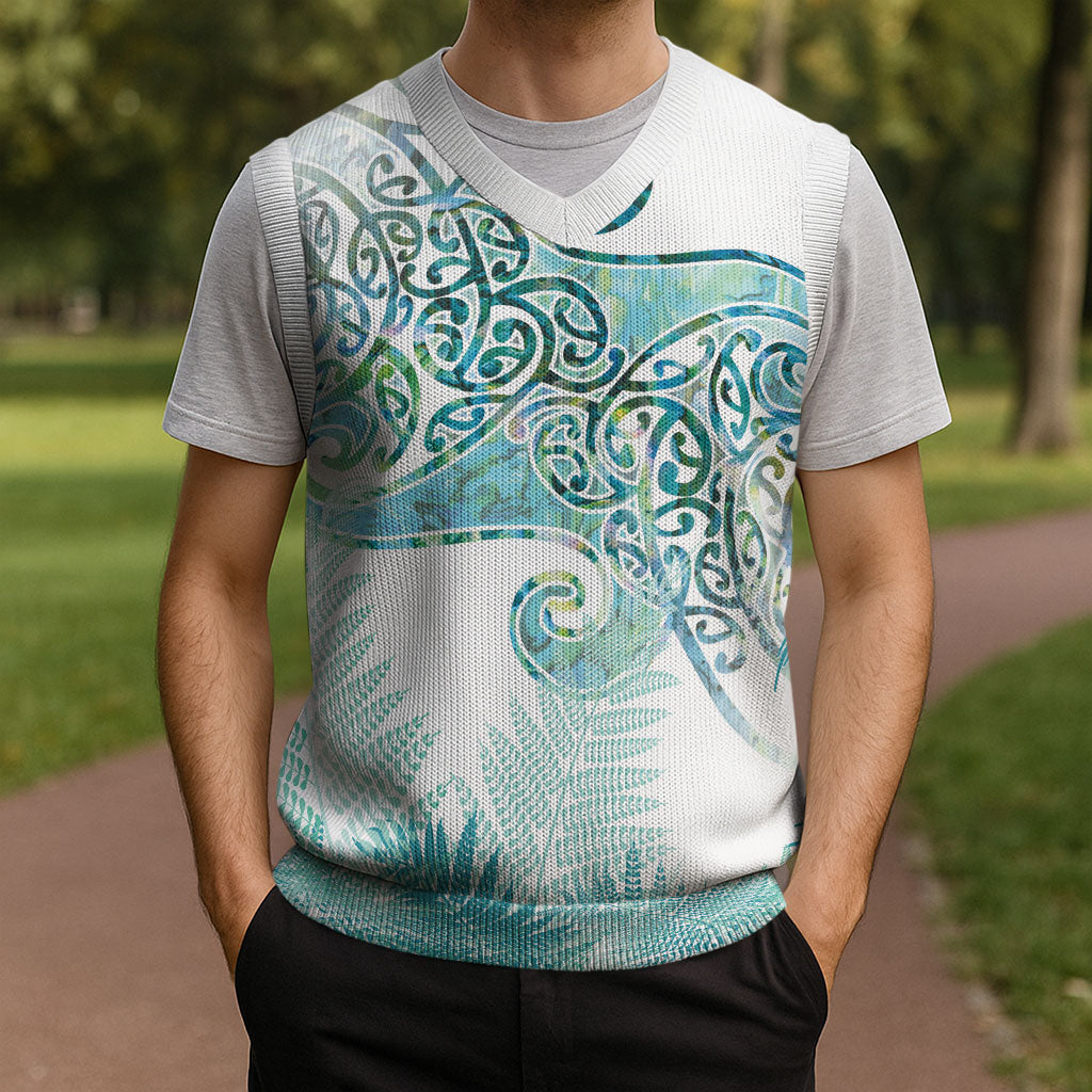 Aotearoa Maori Koru Curves Christmas Knitted V-Neck Vest Mossy Paua Shell LT7 - Polynesian Pride