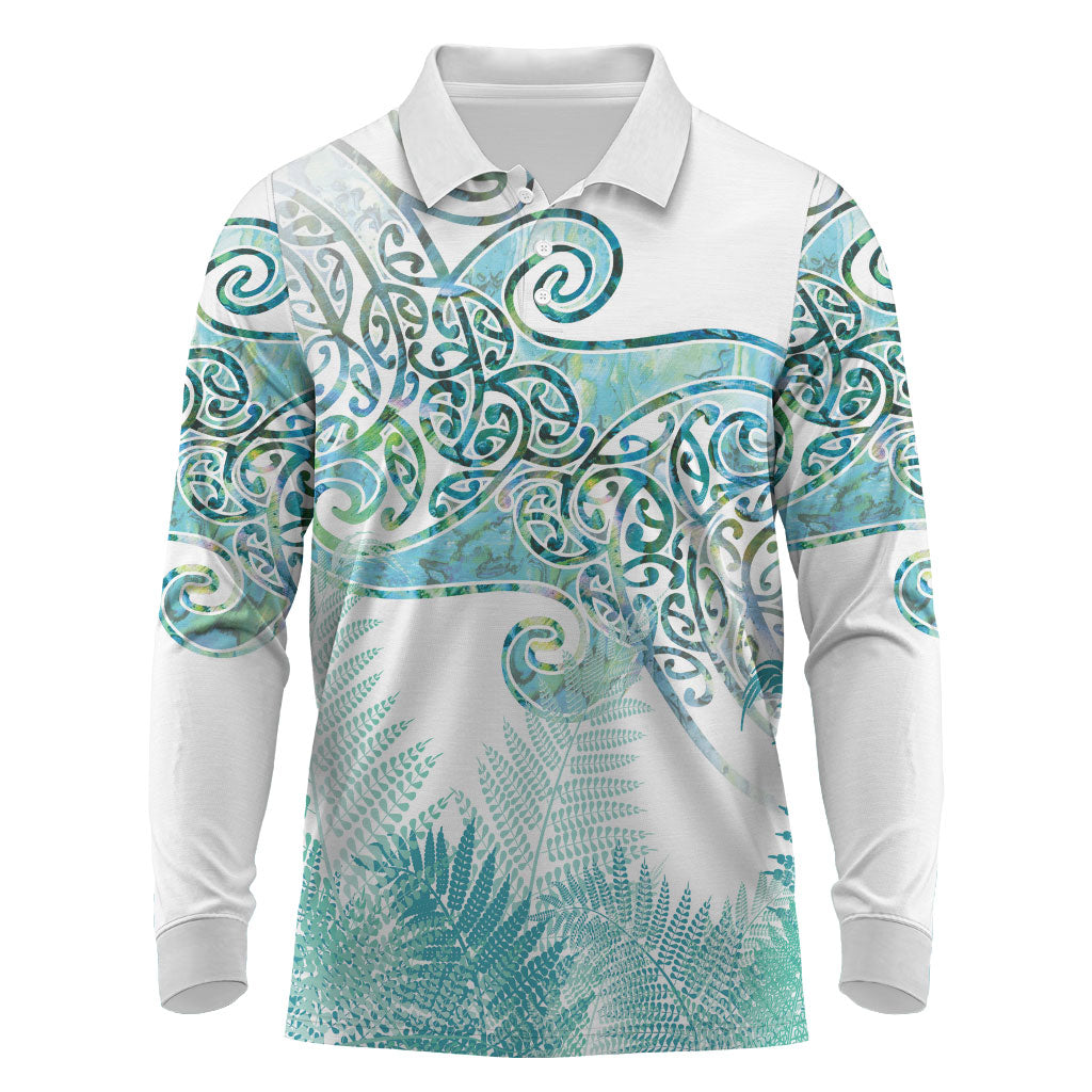 Aotearoa Maori Koru Curves Long Sleeve Polo Shirt Mossy Paua Shell