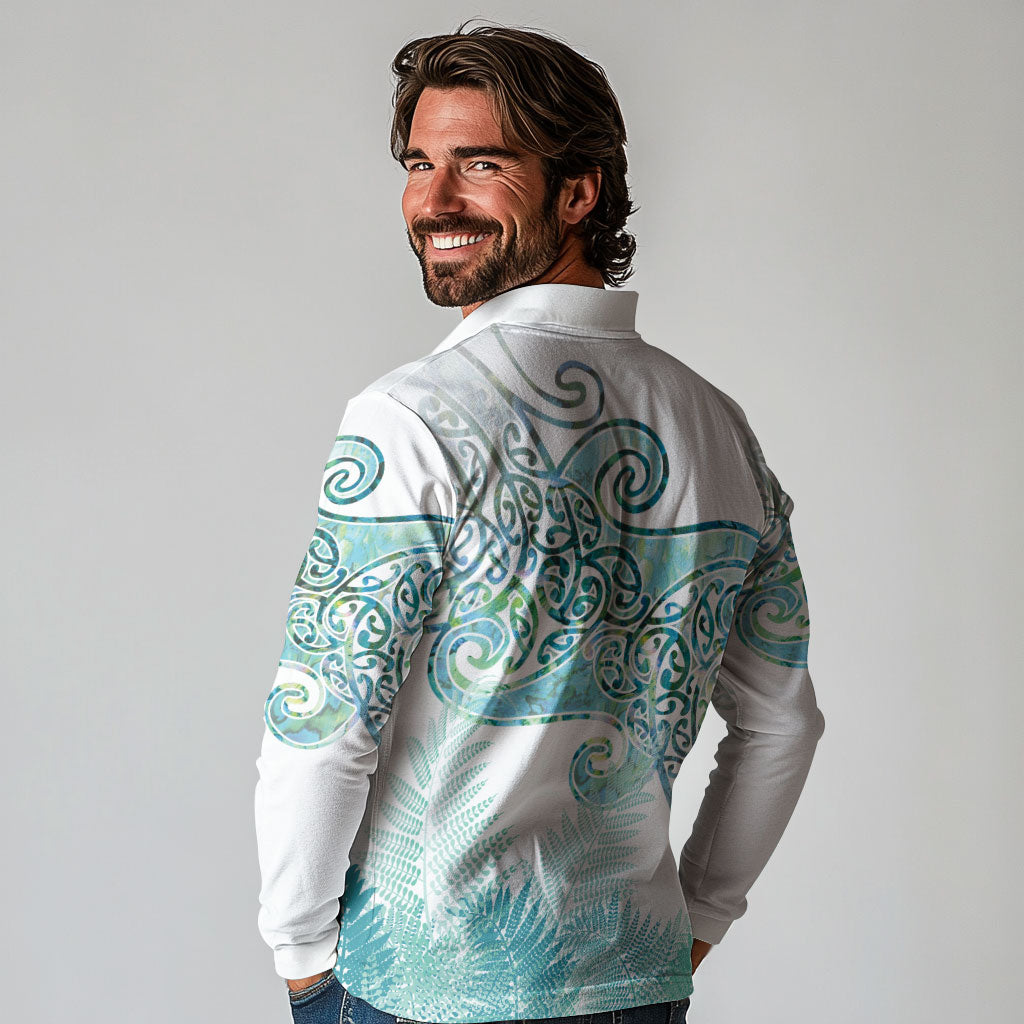 Aotearoa Maori Koru Curves Long Sleeve Polo Shirt Mossy Paua Shell