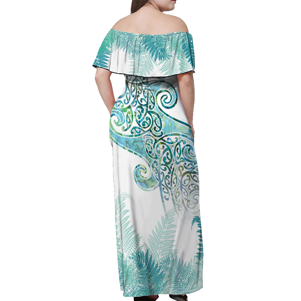 Aotearoa Maori Koru Curves Off Shoulder Maxi Dress Mossy Paua Shell