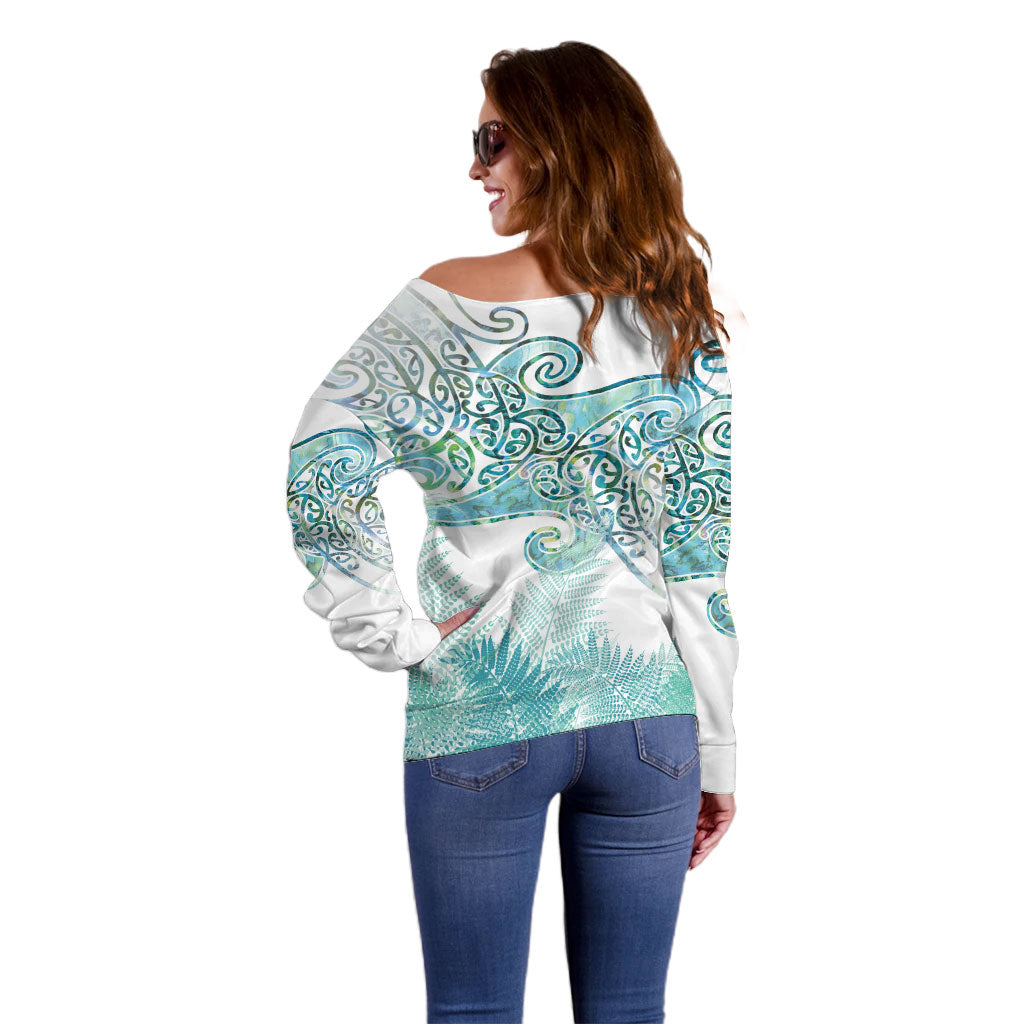Aotearoa Maori Koru Curves Off Shoulder Sweater Mossy Paua Shell