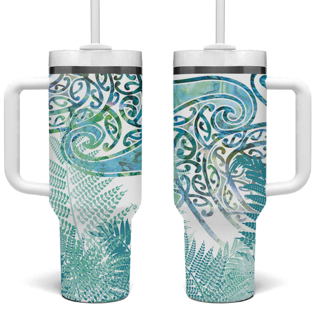 Aotearoa Maori Koru Curves Tumbler With Handle Mossy Paua Shell