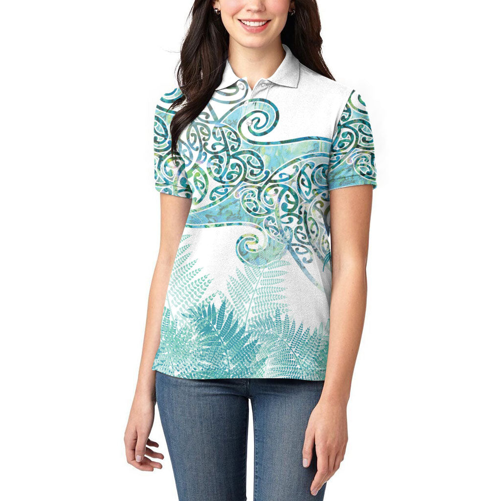 Aotearoa Maori Koru Curves Women Polo Shirt Mossy Paua Shell