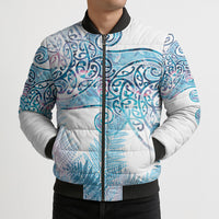 Aotearoa Maori Koru Curves Bomber Puffer Jacket Aqua Paua Shell