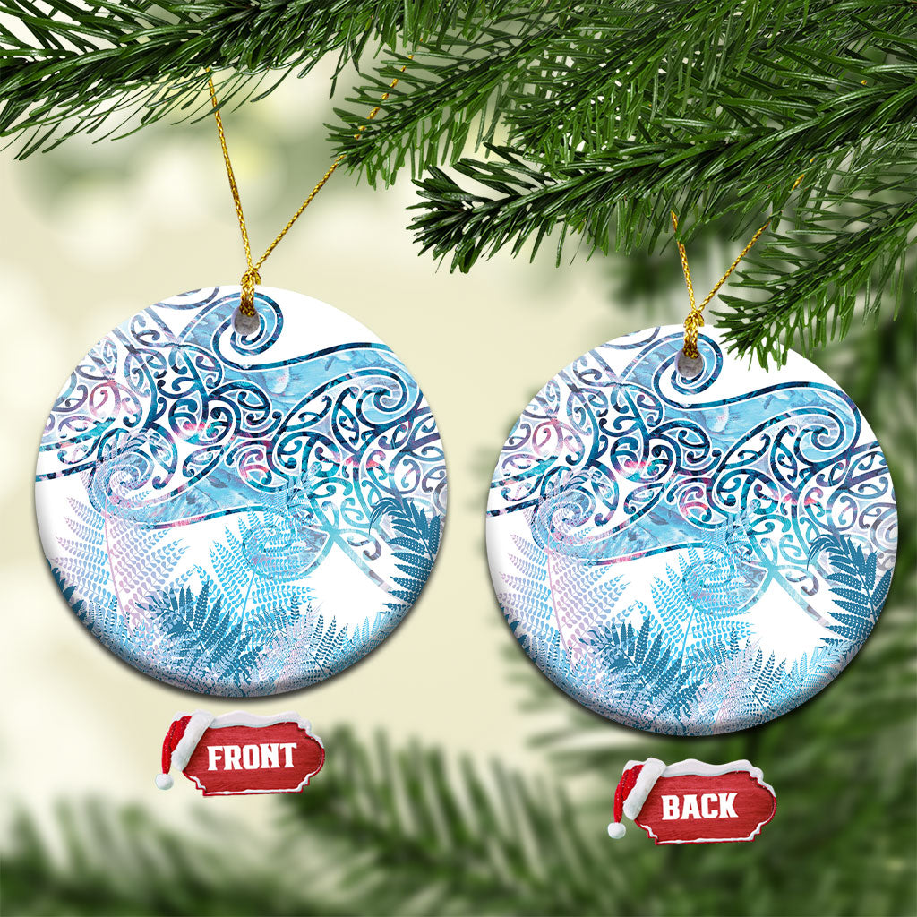 Aotearoa Maori Koru Curves Ceramic Ornament Aqua Paua Shell LT7 Circle Blue - Polynesian Pride