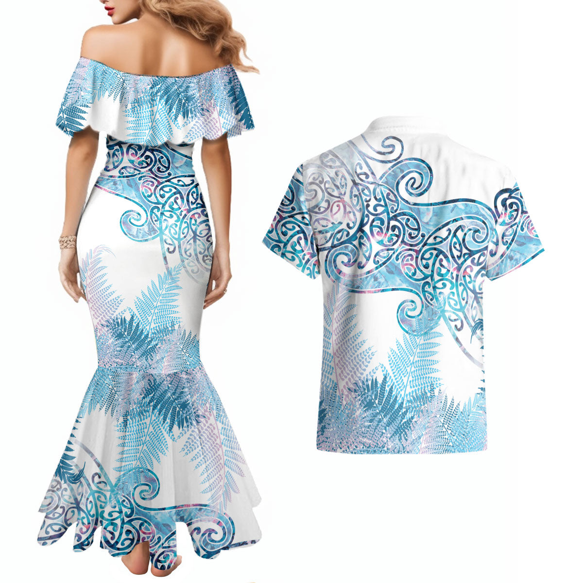 Aotearoa Maori Koru Curves Couples Matching Mermaid Dress and Hawaiian Shirt Aqua Paua Shell