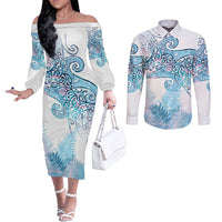 Aotearoa Maori Koru Curves Couples Matching Off The Shoulder Long Sleeve Dress and Long Sleeve Button Shirt Aqua Paua Shell