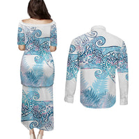 Aotearoa Maori Koru Curves Couples Matching Puletasi and Long Sleeve Button Shirt Aqua Paua Shell