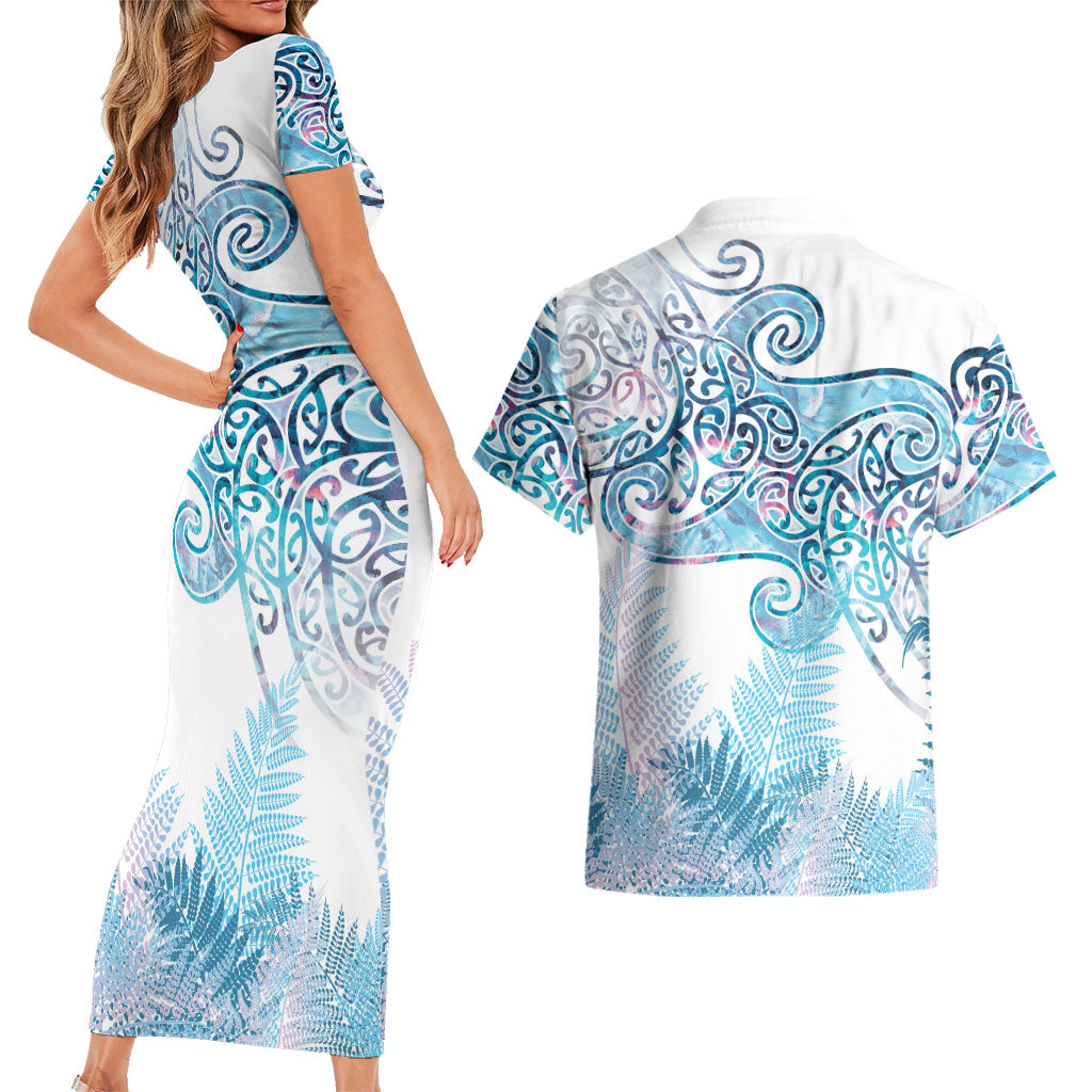 Aotearoa Maori Koru Curves Couples Matching Short Sleeve Bodycon Dress and Hawaiian Shirt Aqua Paua Shell