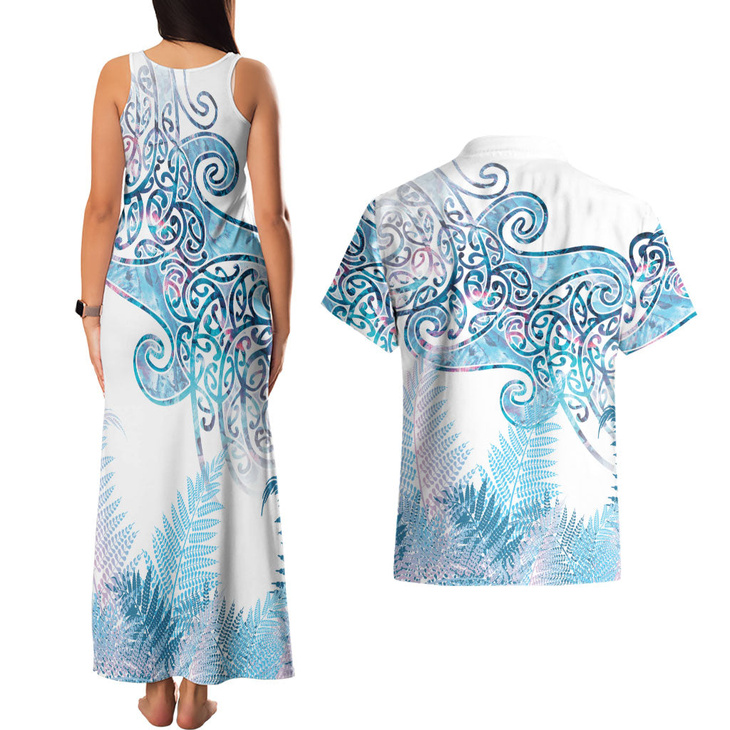 Aotearoa Maori Koru Curves Couples Matching Tank Maxi Dress and Hawaiian Shirt Aqua Paua Shell