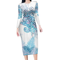 Aotearoa Maori Koru Curves Family Matching Long Sleeve Bodycon Dress and Hawaiian Shirt Aqua Paua Shell LT7 Mom's Dress Blue - Polynesian Pride