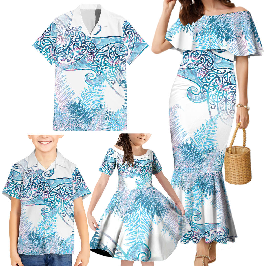 Aotearoa Maori Koru Curves Family Matching Mermaid Dress and Hawaiian Shirt Aqua Paua Shell LT7 - Polynesian Pride