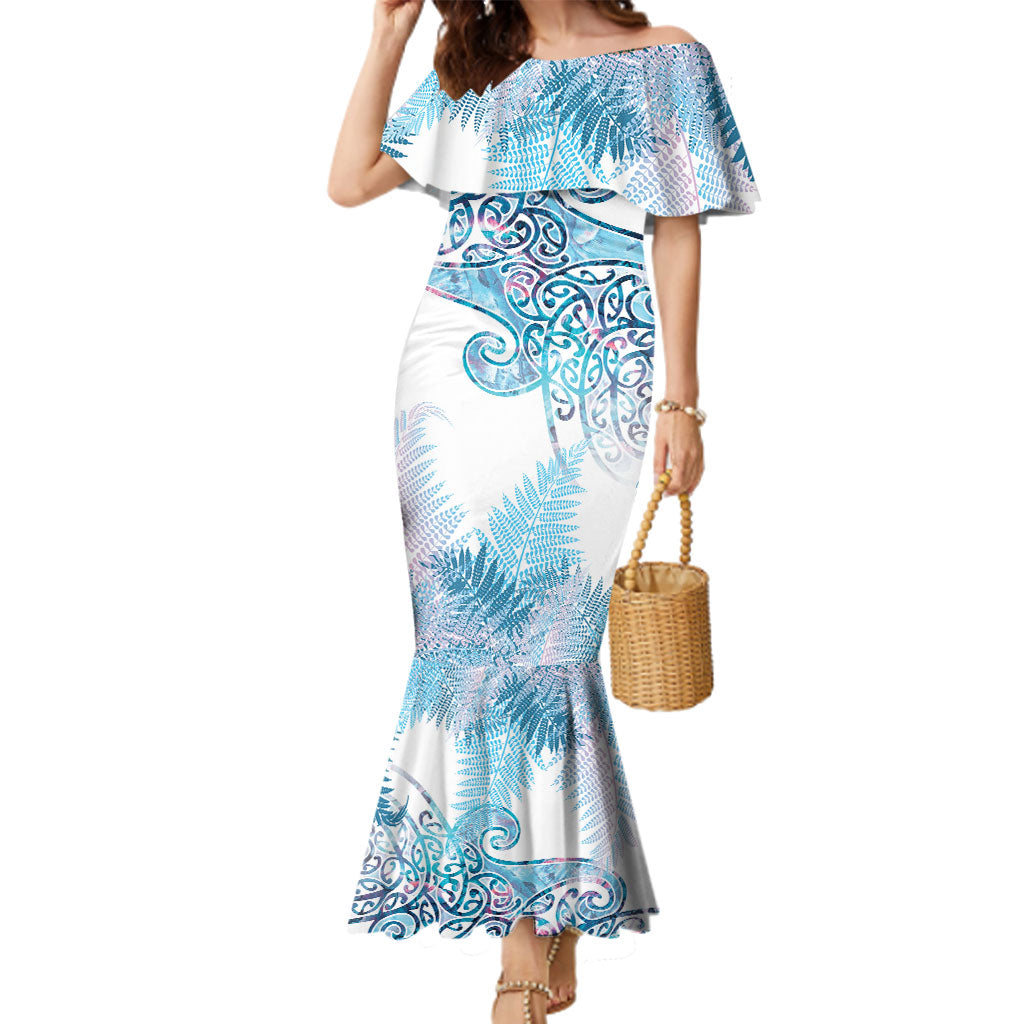 Aotearoa Maori Koru Curves Family Matching Mermaid Dress and Hawaiian Shirt Aqua Paua Shell LT7 Mom's Dress Blue - Polynesian Pride