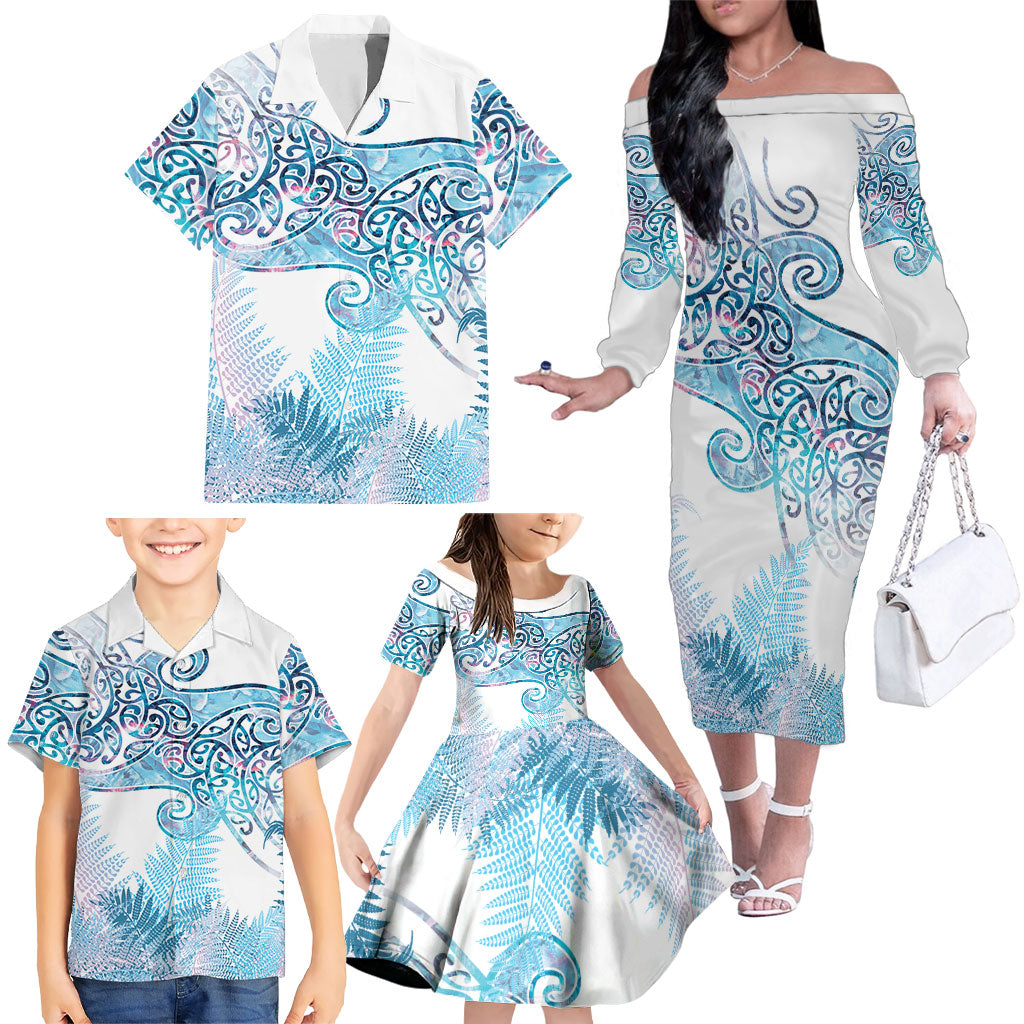 Aotearoa Maori Koru Curves Family Matching Off The Shoulder Long Sleeve Dress and Hawaiian Shirt Aqua Paua Shell LT7 - Polynesian Pride