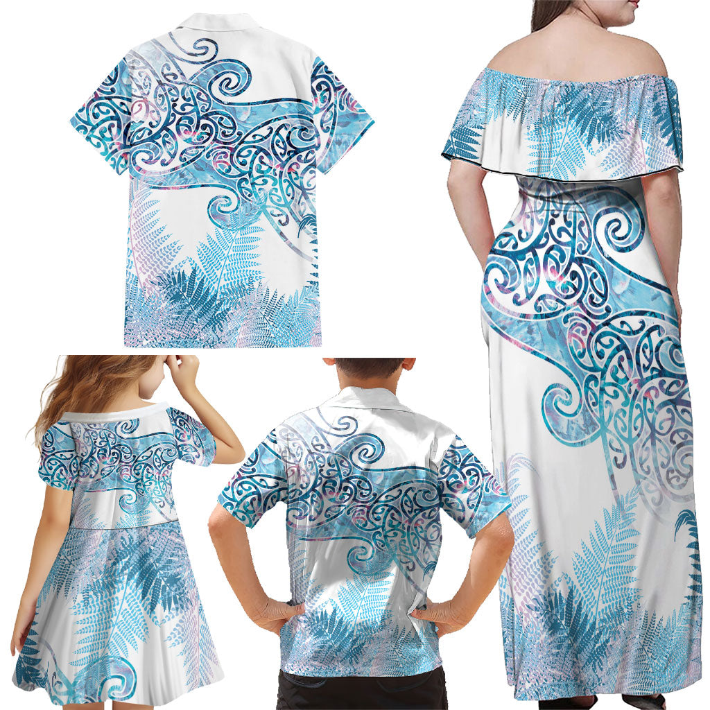 Aotearoa Maori Koru Curves Family Matching Off Shoulder Maxi Dress and Hawaiian Shirt Aqua Paua Shell