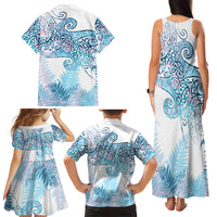 Aotearoa Maori Koru Curves Family Matching Tank Maxi Dress and Hawaiian Shirt Aqua Paua Shell