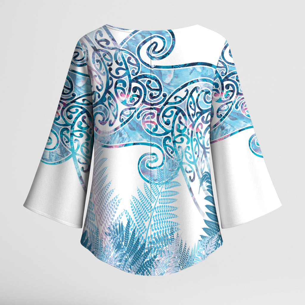 Aotearoa Maori Koru Curves Kimono Sleeve Blouse Aqua Paua Shell