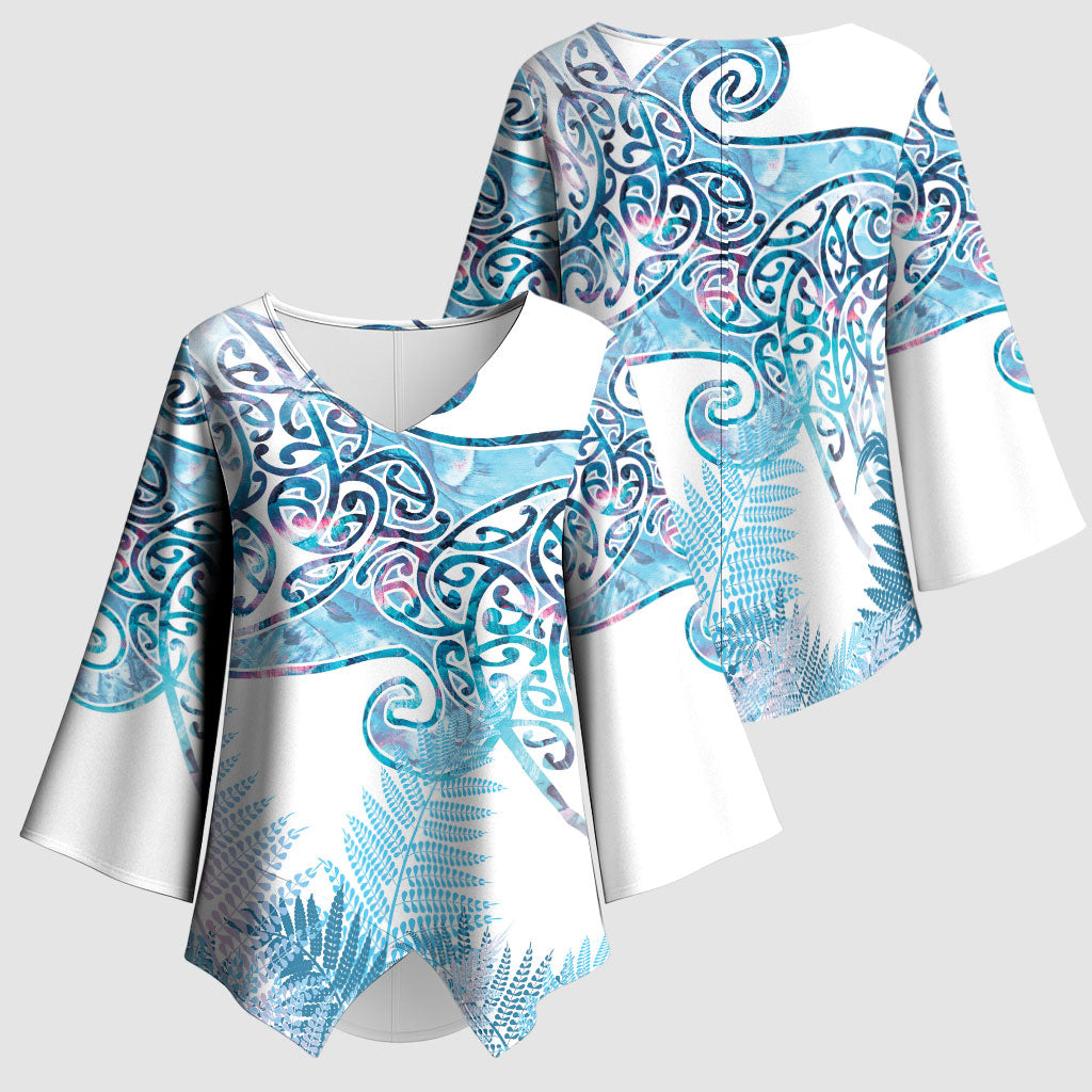 Aotearoa Maori Koru Curves Kimono Sleeve Blouse Aqua Paua Shell