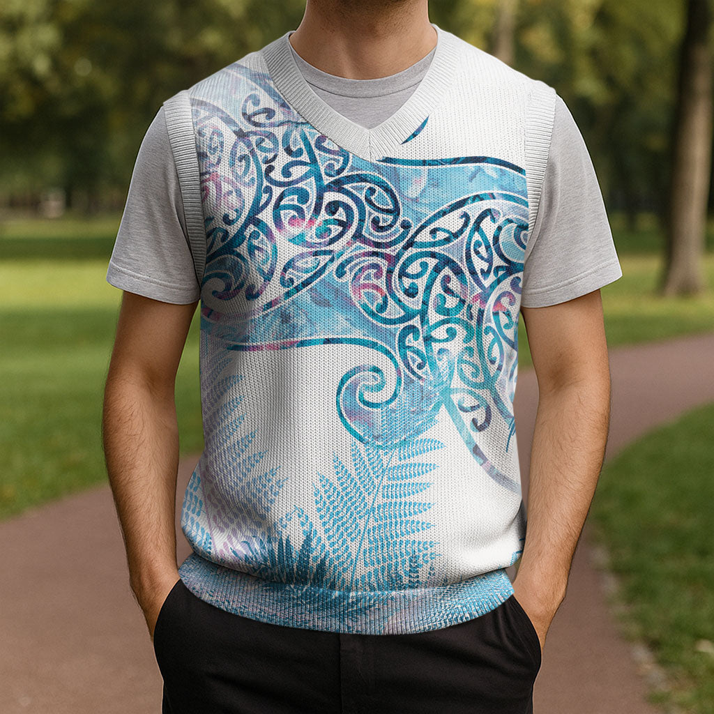 Aotearoa Maori Koru Curves Christmas Knitted V-Neck Vest Aqua Paua Shell LT7 - Polynesian Pride
