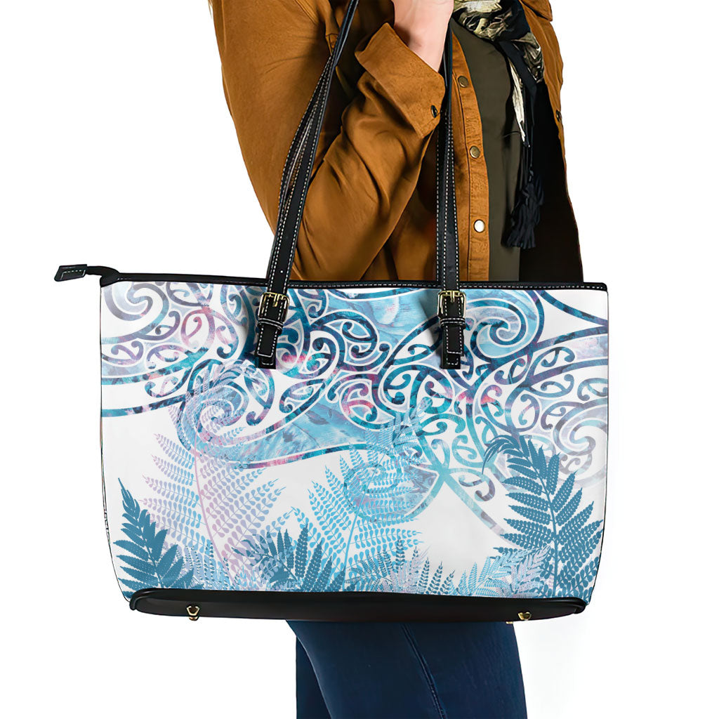 Aotearoa Maori Koru Curves Leather Tote Bag Aqua Paua Shell